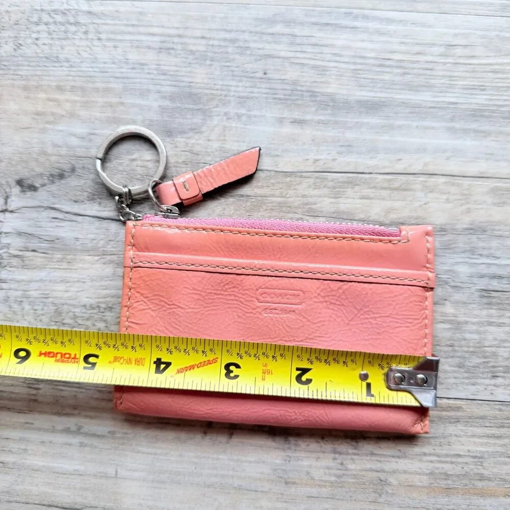 Coach Wallet Patent Leather Skinny Card Case Zip Keychain Coral Pink Coin Pouch